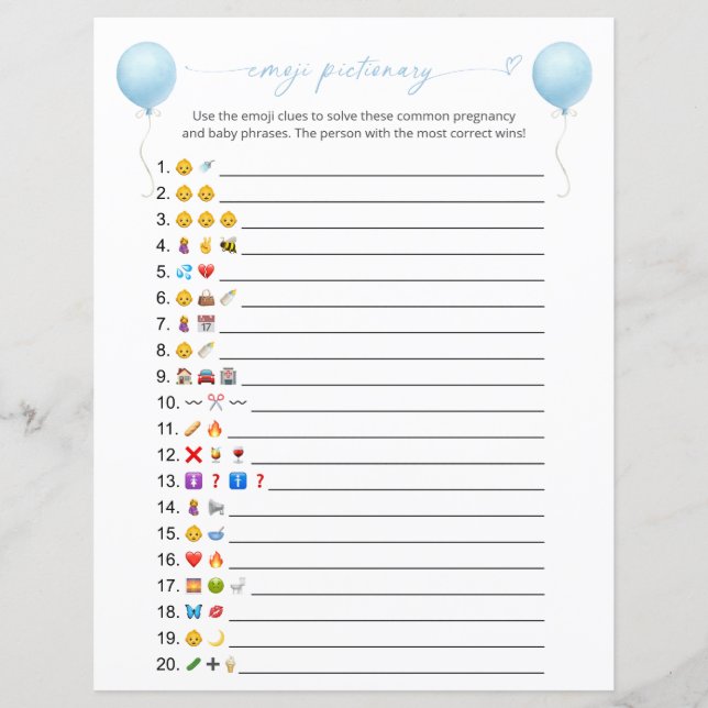 Blue Balloon Emoji Pictionary Baby Shower Game (Front)