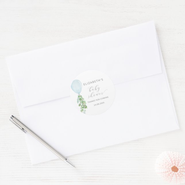Blue Balloon Eucalyptus Baby Shower Classic Round Sticker (Envelope)