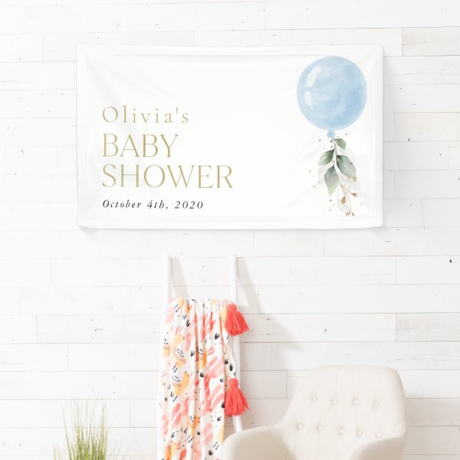 Blue Balloon, Eucalyptus, Baby Shower Welcome Banner (Insitu)