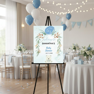 Blue balloon eucalyptus baby shower welcome sign