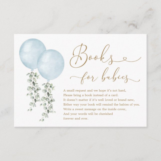 Blue Balloon Eucalyptus Books for Twin Baby Boys Enclosure Card (Front)