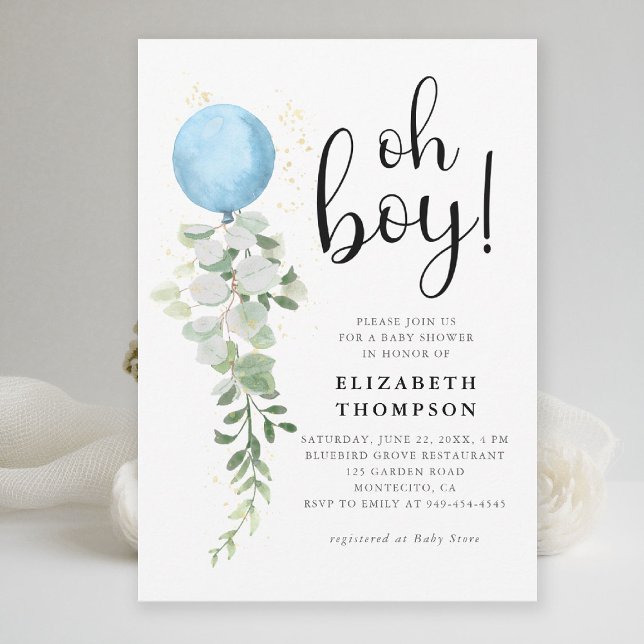 Blue Balloon Eucalyptus Elegant Oh Boy Baby Shower Invitation (oh boy baby shower invitation blue balloon eucalyptus greenery watercolor modern calligraphy elegant)