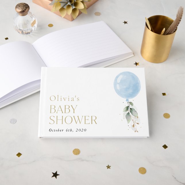 Blue Balloon, Eucalyptus, Greenery, Baby Shower Guest Book (Front Open)