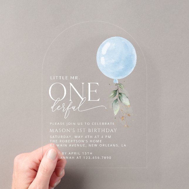 Blue Balloon, Eucalyptus, Greenery, First Birthday Acrylic Invitations (Insitu (Handheld))