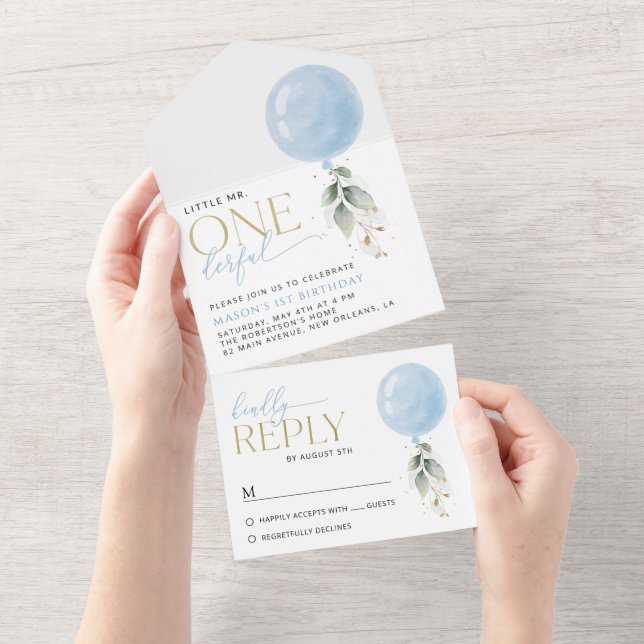 Blue Balloon, Eucalyptus, Greenery, First Birthday All In One Invitation (Tearaway)