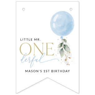 Blue Balloon, Eucalyptus, Greenery, First Birthday Bunting Flags