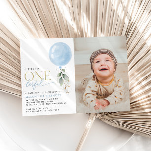 Blue Balloon, Eucalyptus, Greenery, First Birthday Invitation