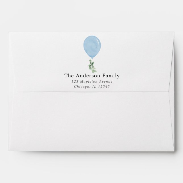 Blue balloon eucalyptus white envelopes 5x7 card (Back (Top Flap))