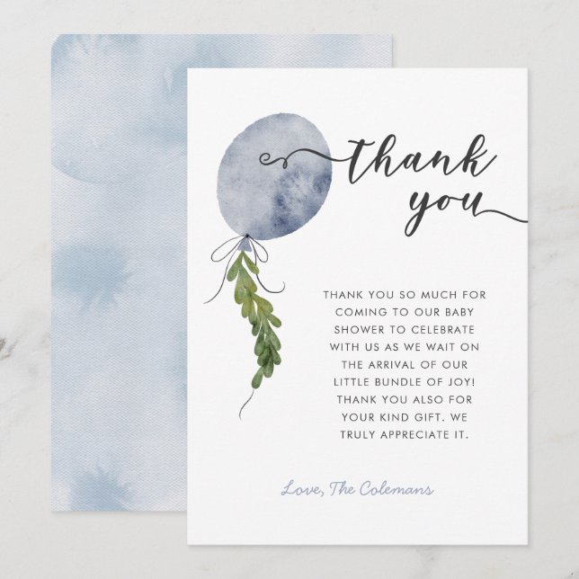 Blue Balloon Garland Baby Shower Thank You Card (Front/Back)