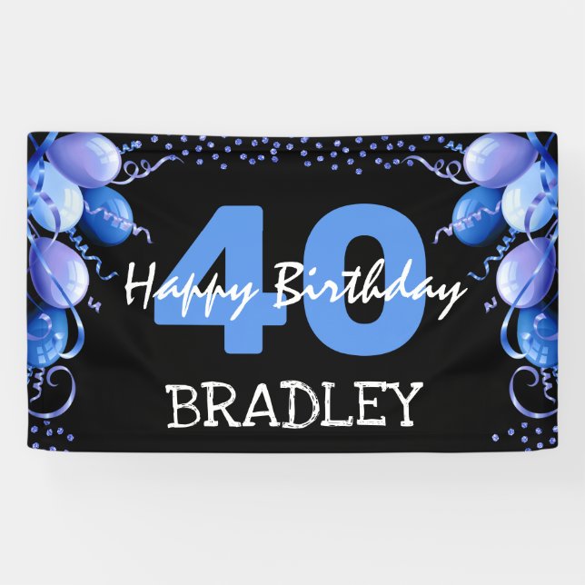 Blue Balloon & Glitter Any Age Birthday Banner (Horizontal)