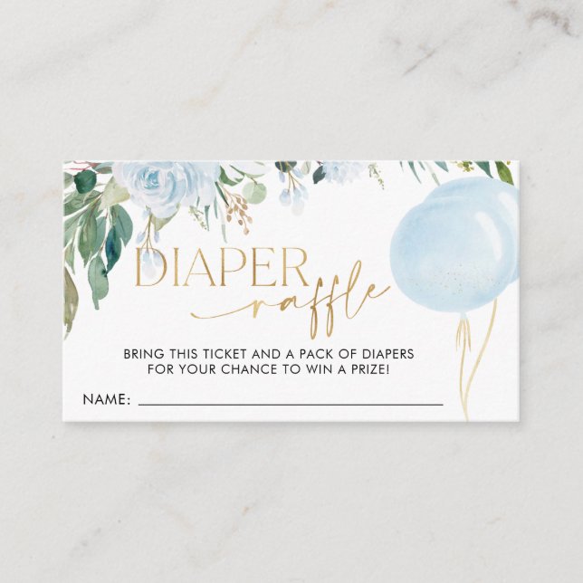 Blue Balloon Greenery Baby Shower Diaper Raffle Enclosure Card (Front)