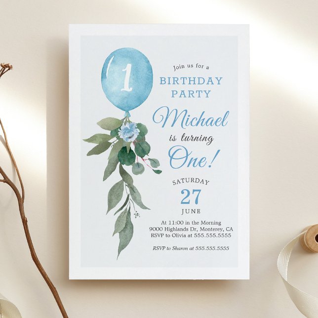 Blue Balloon Greenery Birthday Party Invitation (Creator Uploaded)