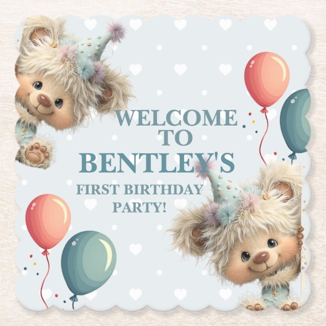 Blue Balloon Hedgehogs Celebration Paper Coaster (Front)