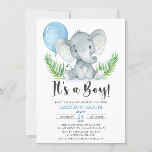 Blue Balloon It's A Boy Cute Elephant Baby Shower Invitation