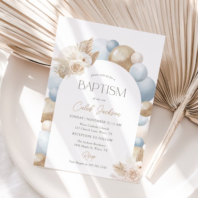 Blue Balloon Pampas Grass Boy Baptism Invitation (Creator Uploaded)