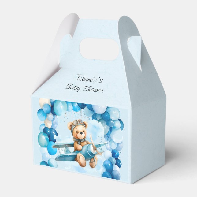 Blue Balloon Teddy Bear Airplane Boy Baby Shower Favor Box (Front Side)