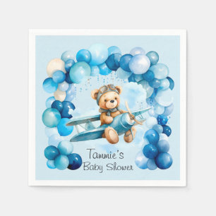 Blue Balloon Teddy Bear Airplane Boy Baby Shower Napkin