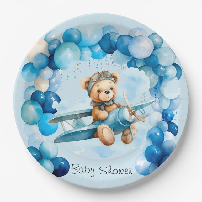 Blue Balloon Teddy Bear Airplane Boy Baby Shower Paper Plate (Front)