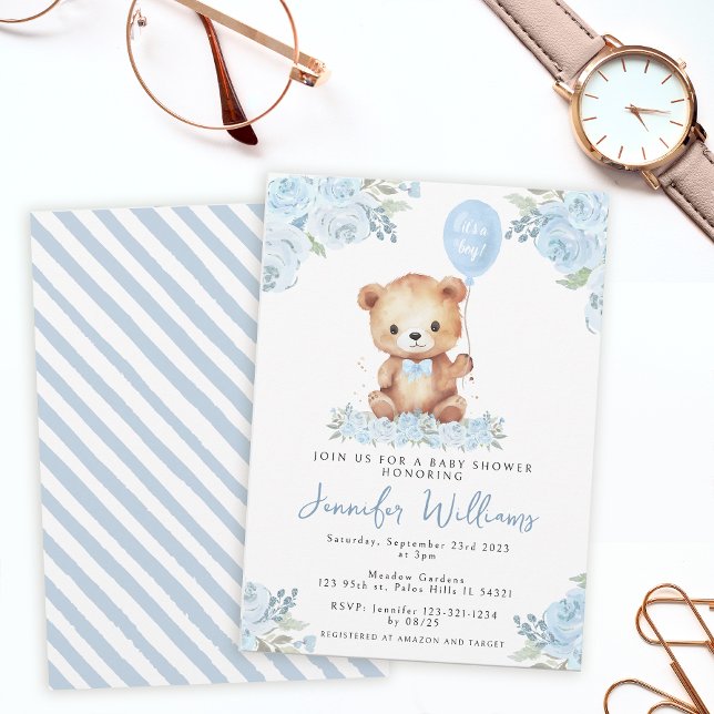 Blue balloon teddy bear its a boy baby shower invitation (Creator Uploaded)