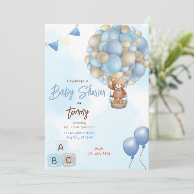 Blue Balloons Baby Shower Invitation (Standing Front)