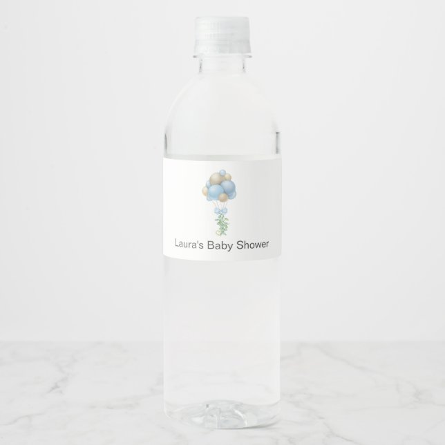 Blue Balloons Baby Shower Water Bottle Label (Front)