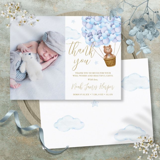 Blue Balloons Bear Thank You Baby Photo Birth Announcement Postcard (Blue Balloons Bear Thank You Baby Photo Birth Announcement Postcard)
