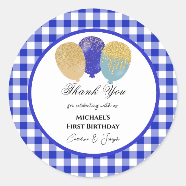 Blue Balloons & Blue Gingham Thank You Classic Round Sticker (Front)