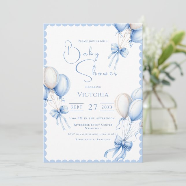 Blue Balloons Boy Baby Shower Invitation (Standing Front)