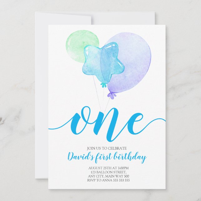 Blue Balloons Boy First Birthday One 1st Birthday Invitation (Front)