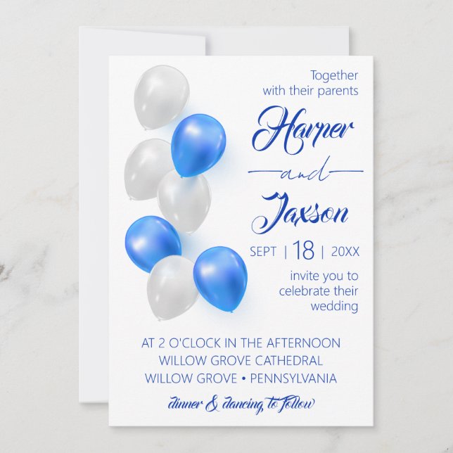 Blue Balloons. Elegant wedding invitation. Invitation (Front)