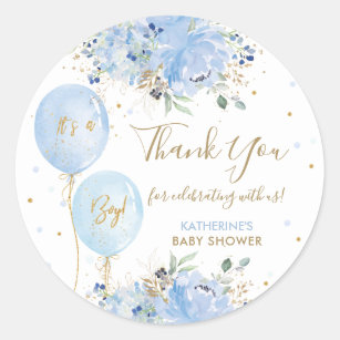Blue Balloons Floral Baby Shower Thank You Favour Classic Round Sticker