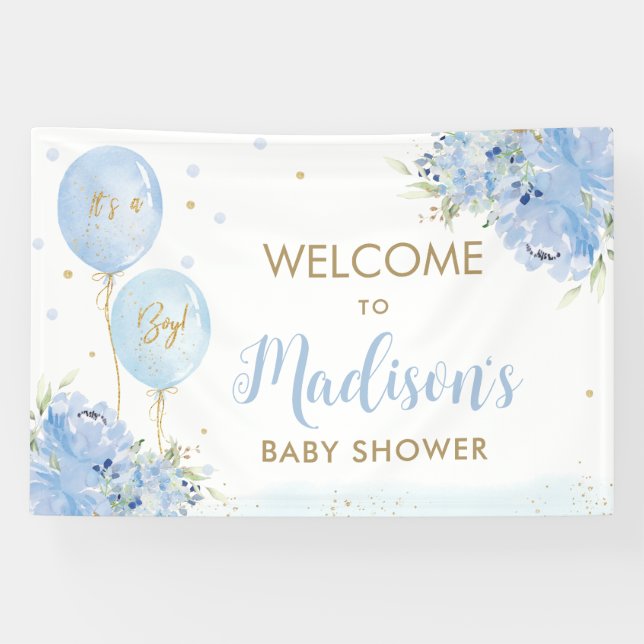 Blue Balloons Floral Baby Shower Welcome Backdrop  Banner (Horizontal)
