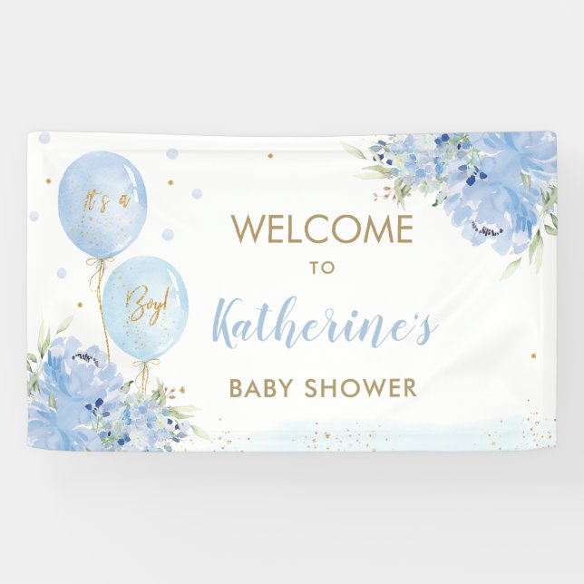 Blue Balloons Floral Baby Shower Welcome Backdrop Banner (Horizontal)