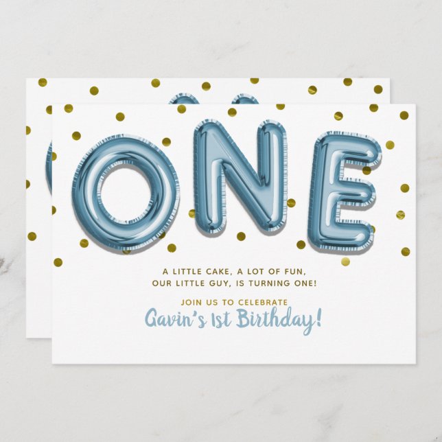Blue Balloons Gold Confetti ONE 1st Birthday Party Invitation (Front/Back)
