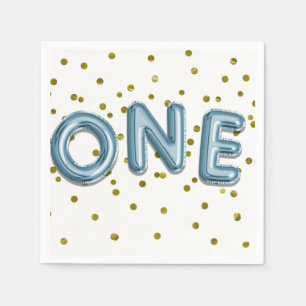 Blue Balloons Gold Confetti ONE 1st Birthday Party Napkin