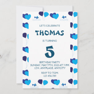 Blue Balloons Hearts Boy Kids Birthday Party Invitation