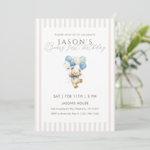 Blue Balloons Teddy Bear 1st Birthday Invitation