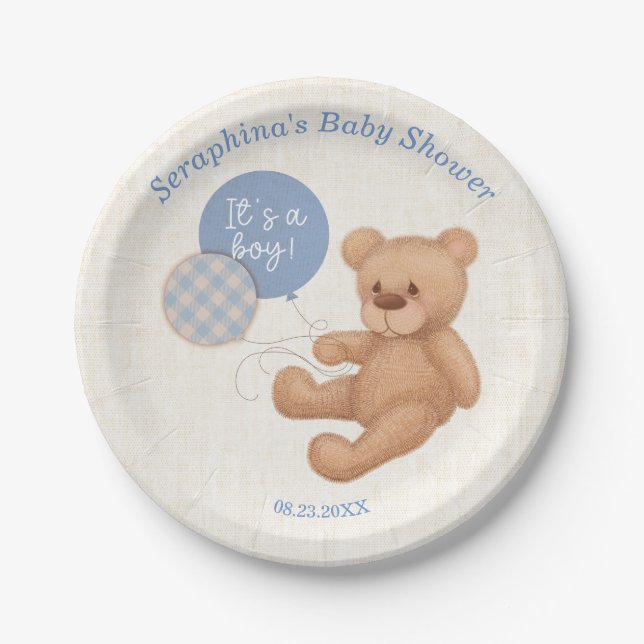 Blue Balloons Teddy Bear Baby Shower Paper Plates (Front)