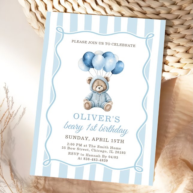 Blue Balloons Teddy Bear Birthday Invitation  (Creator Uploaded)