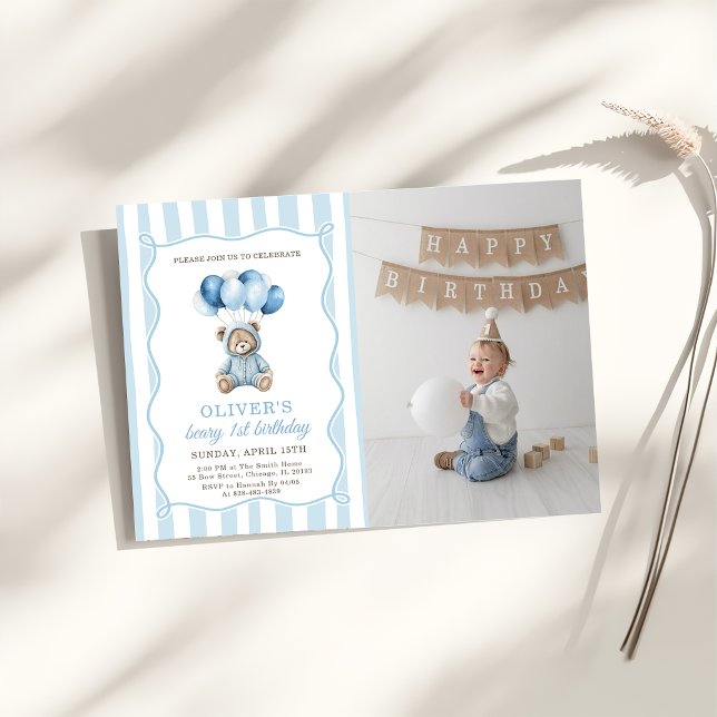 Blue Balloons Teddy Bear Birthday Invitation  (Creator Uploaded)