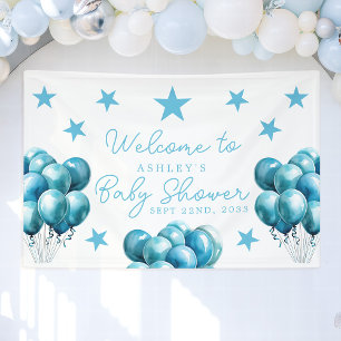 Blue Balloons Watercolor Boy Baby Shower Welcome Banner
