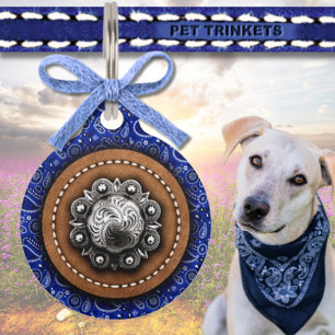 Blue Bandana Leather and Western Concho Rustic Pet Tag