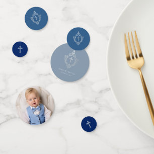 Blue Baptism Boy Photo Elegant Vintage Crest Cross Confetti