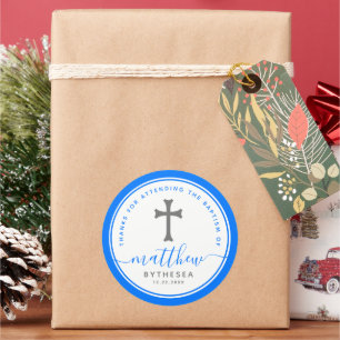 Blue Baptism Christening Naming Cross Classic Round Sticker