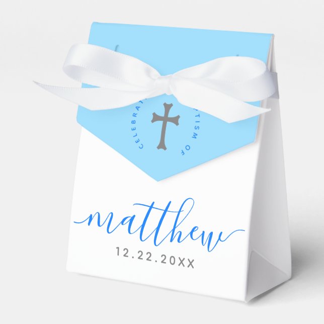 Blue Baptism Christening Naming Cross Favor Box (Front Side)