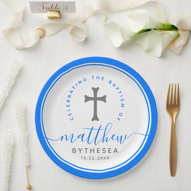 Blue Baptism Christening Naming Cross Paper Plate (Wedding)