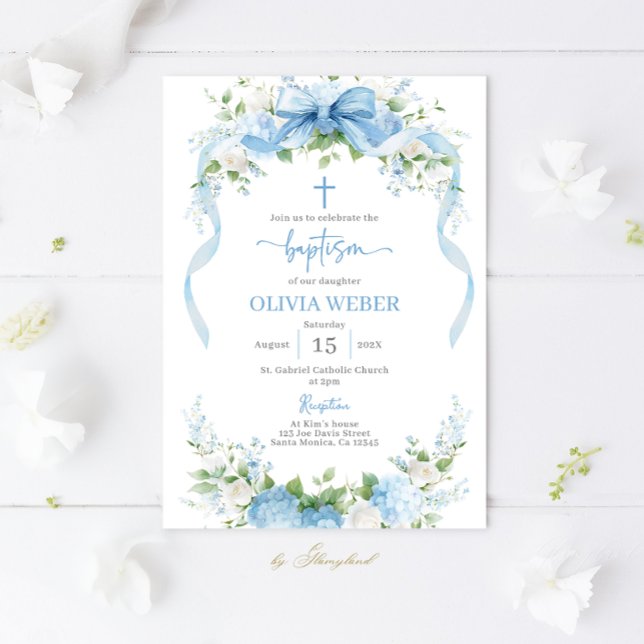 Blue Baptism Floral Christening Girl Invitation (Creator Uploaded)