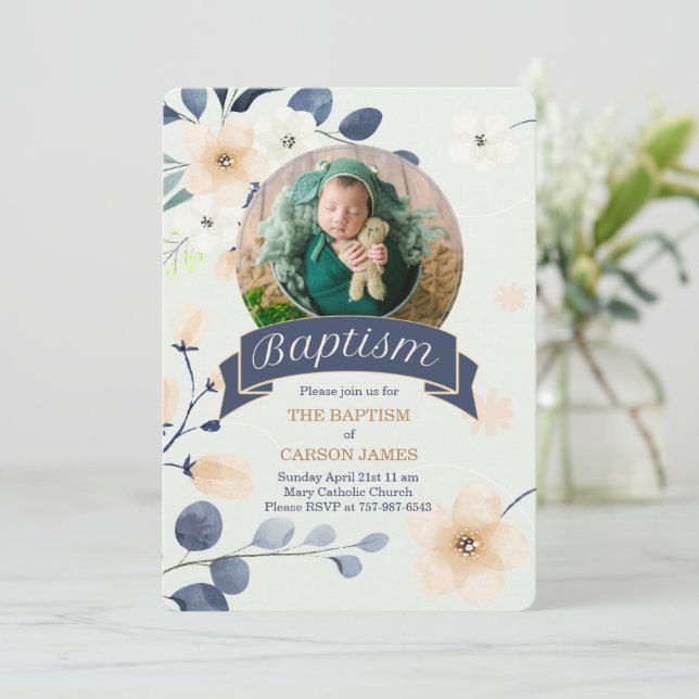Blue Baptism for Baby Boy Yellow Blossoms Invitation (Standing Front)