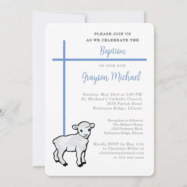 Blue Baptism for Son Cross Little Lamb Invitation (Front)
