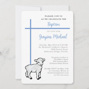 Blue Baptism for Son Cross Little Lamb Invitation